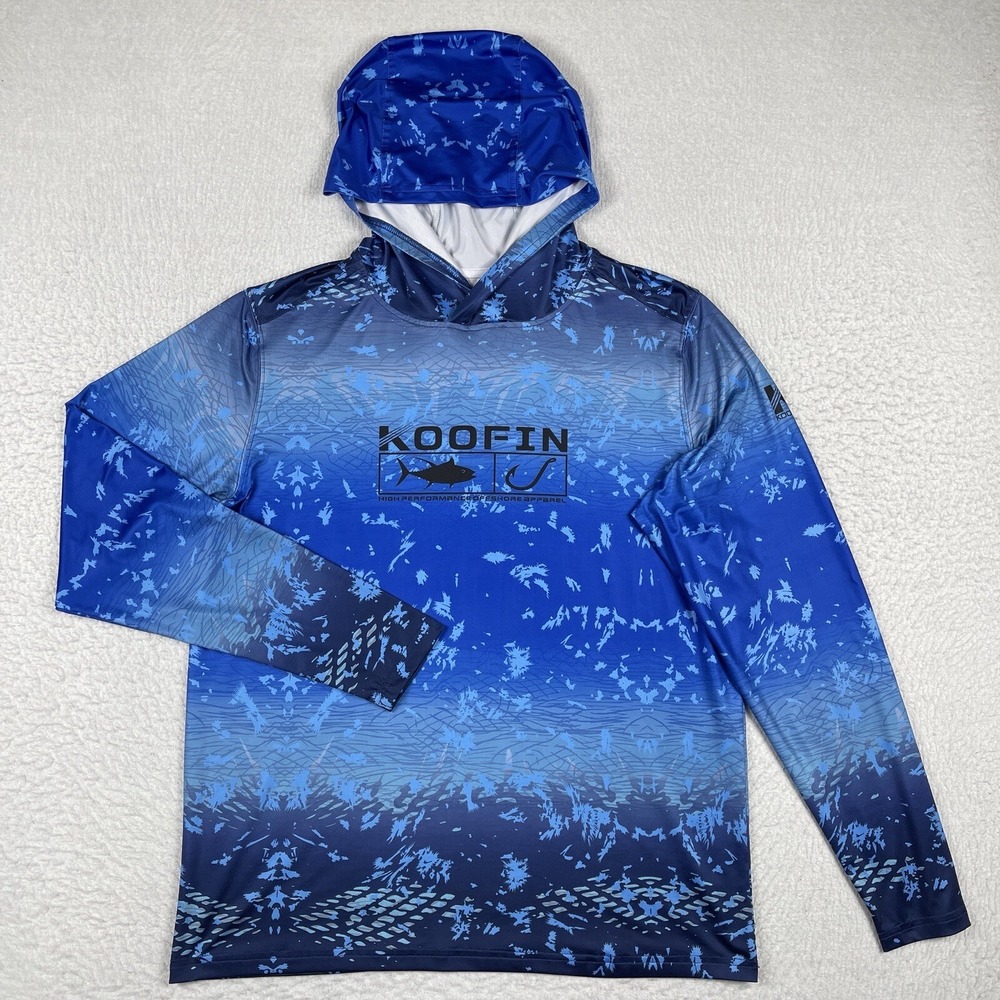 Koofin Gear‎ Shirt Mens Small Blue Hooded Travel Vacation Fishing Angler Boating